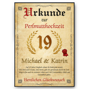 Personalisierte Urkunde zum 19. Hochzeitstag Geschenk Perlmutthochzeit Karte 19. Jahrestag