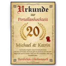 Laden Sie das Bild in den Galerie-Viewer, Personalisierte Urkunde zum 20. Hochzeitstag Geschenk Porzellanhochzeit Karte 20. Jahrestag