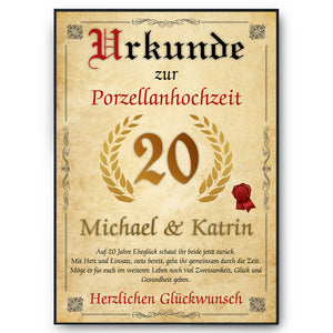 Personalisierte Urkunde zum 20. Hochzeitstag Geschenk Porzellanhochzeit Karte 20. Jahrestag