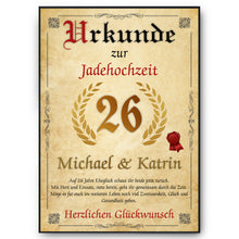 Laden Sie das Bild in den Galerie-Viewer, Personalisierte Urkunde zum 26. Hochzeitstag Geschenk Jadehochzeit Karte 26. Jahrestag