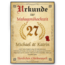 Laden Sie das Bild in den Galerie-Viewer, Personalisierte Urkunde zum 27. Hochzeitstag Geschenk Mahagonihochzeit Karte 27. Jahrestag