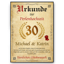Laden Sie das Bild in den Galerie-Viewer, Personalisierte Urkunde zum 30. Hochzeitstag Geschenk Perlenhochzeit Karte 30. Jahrestag