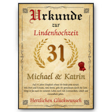 Laden Sie das Bild in den Galerie-Viewer, Personalisierte Urkunde zum 31. Hochzeitstag Geschenk Lindenhochzeit Karte 31. Jahrestag