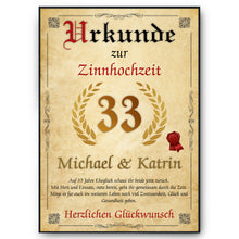 Laden Sie das Bild in den Galerie-Viewer, Personalisierte Urkunde zum 33. Hochzeitstag Geschenk Zinnhochzeit Karte 33. Jahrestag