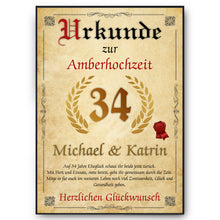 Laden Sie das Bild in den Galerie-Viewer, Personalisierte Urkunde zum 34. Hochzeitstag Geschenk Amberhochzeit Karte 34. Jahrestag