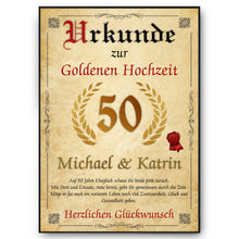 Laden Sie das Bild in den Galerie-Viewer, Personalisierte Urkunde zum 50. Hochzeitstag Geschenk Goldene Hochzeit Karte 50. Jahrestag