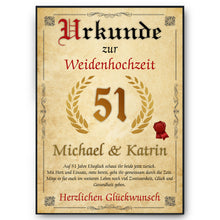 Laden Sie das Bild in den Galerie-Viewer, Personalisierte Urkunde zum 51. Hochzeitstag Geschenk Weidenhochzeit Karte 51. Jahrestag
