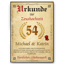 Laden Sie das Bild in den Galerie-Viewer, Personalisierte Urkunde zum 54. Hochzeitstag Geschenk Zeushochzeit Karte 54. Jahrestag