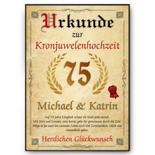 Laden Sie das Bild in den Galerie-Viewer, Personalisierte Urkunde zum 75. Hochzeitstag Geschenk Kronjuwelenhochzeit Karte 75. Jahrestag