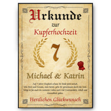 Laden Sie das Bild in den Galerie-Viewer, Personalisierte Urkunde zum 7. Hochzeitstag Geschenk Kupferhochzeit Karte 7. Jahrestag
