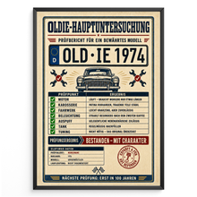 Laden Sie das Bild in den Galerie-Viewer, Oldie-Hauptuntersuchung 1974 als personalisiertes Poster mit schwarzem Rahmen