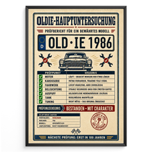 Laden Sie das Bild in den Galerie-Viewer, Oldie-Hauptuntersuchung 1986 als personalisiertes Poster mit schwarzem Rahmen