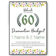Laden Sie das Bild in den Galerie-Viewer, 60. Hochzeitstag personalisiertes Geschenk Urkunde zur Diamantenen Hochzeit Deko