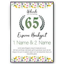Laden Sie das Bild in den Galerie-Viewer, 65. Hochzeitstag personalisiertes Geschenk Urkunde zur Eisernen Hochzeit Deko