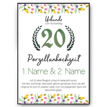 Laden Sie das Bild in den Galerie-Viewer, 20. Hochzeitstag personalisiertes Geschenk Urkunde zur Porzellanhochzeit Deko