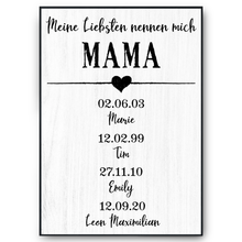 Laden Sie das Bild in den Galerie-Viewer, Personalisiertes Mama Poster mit Namen und Geburtsdaten Geschenk für Mama und Oma Muttertag Geschenkidee Mama Geburtstag