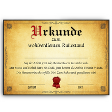 Laden Sie das Bild in den Galerie-Viewer, Ruhestand Urkunde Personalisiertes Geschenk zur Rente Abschiedsgeschenk Rentner