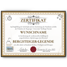 Laden Sie das Bild in den Galerie-Viewer, Lustiges Bergsteiger Geschenk personalisiert Geburtstag Poster Zertifikat Bergsteigen Geschenkidee für Bergsteiger