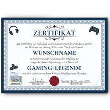 Laden Sie das Bild in den Galerie-Viewer, Lustiges Gamer Geschenk personalisiert Geburtstag Zocker Poster Zertifikat Gaming Geschenkidee für Zocker
