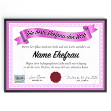 Laden Sie das Bild in den Galerie-Viewer, Beste Ehefrau Geschenk personalisiert Geburtstag Poster Zertifikat Urkunde Ehefrau personalisierte Geschenkidee Valentinstag Weihnachten