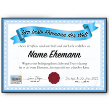 Laden Sie das Bild in den Galerie-Viewer, Bester Ehemann Geschenk personalisiert Geburtstag Poster Zertifikat Urkunde Ehemann personalisierte Geschenkidee Valentinstag Weihnachten