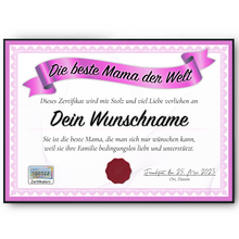 Laden Sie das Bild in den Galerie-Viewer, Beste Mama Geschenk personalisiert Geburtstag Poster Zertifikat Urkunde Mutter personalisierte Geschenkidee Muttertag