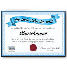 Laden Sie das Bild in den Galerie-Viewer, Bester Sohn Geschenk personalisiert Geburtstag Poster Zertifikat Urkunde Sohn personalisierte Geschenkidee