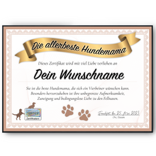 Laden Sie das Bild in den Galerie-Viewer, Hundemama Geschenk personalisiert Poster Zertifikat Hundeliebhaber Urkunde Hundemama Geschenk personalisiert Hundebesitzer