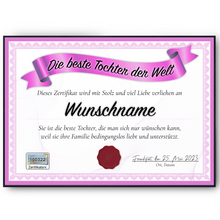 Laden Sie das Bild in den Galerie-Viewer, Beste Tochter Geschenk personalisiert Geburtstag Poster Zertifikat Urkunde Tochter personalisierte Geschenkidee
