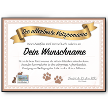 Laden Sie das Bild in den Galerie-Viewer, Katzenmama Geschenk personalisiert Poster Zertifikat Katzenliebhaber Urkunde Katzenmama Geschenk personalisiert Katzenbesitzer