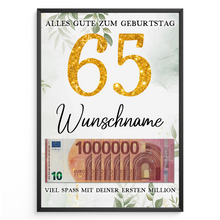 Laden Sie das Bild in den Galerie-Viewer, Personalisiertes Geldgeschenk zum 65. Geburtstag Frauen Männer Geburtstagsgeschenk Geld Geschenkidee personalisierbar