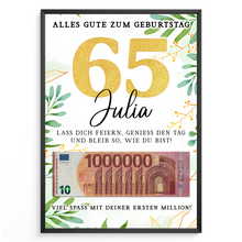 Laden Sie das Bild in den Galerie-Viewer, Personalisiertes Geldgeschenk zum 65. Geburtstag Geld Geschenkidee personalisierbar Geburtstagskarte