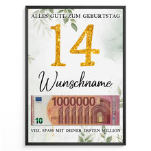 Laden Sie das Bild in den Galerie-Viewer, Personalisiertes Geldgeschenk zum 14. Geburtstag Frauen Männer Geburtstagsgeschenk Geld Geschenkidee personalisierbar