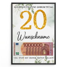 Laden Sie das Bild in den Galerie-Viewer, Personalisiertes Geldgeschenk zum 20. Geburtstag Frauen Männer Geburtstagsgeschenk Geld Geschenkidee personalisierbar