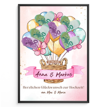 Laden Sie das Bild in den Galerie-Viewer, Personalisiertes Geldgeschenk zur Hochzeit Heißluftballon Hochzeitsgeschenk personalisierbar Brautpaar