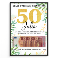 Laden Sie das Bild in den Galerie-Viewer, Personalisiertes Geldgeschenk zum 50. Geburtstag Geld Geschenkidee personalisierbar Geburtstagskarte