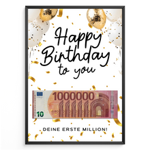 Laden Sie das Bild in den Galerie-Viewer, Geldgeschenk Geburtstag Happy Birthday - Deine erste Million - Lustiges Geburtstagsgeschenk Mann Frau Witzige Geschenkidee Geld kreativ verschenken