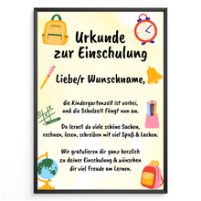 Laden Sie das Bild in den Galerie-Viewer, Personalisierte Urkunde zur Einschulung Schulkind Geschenkidee zum Schulanfang