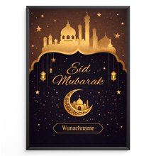 Laden Sie das Bild in den Galerie-Viewer, Personalisiertes Eid Mubarak Poster – Edles Wandbild in Goldoptik mit Moschee, Mond & Laternen – Festliche Dekoration zum Zuckerfest