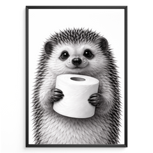 Laden Sie das Bild in den Galerie-Viewer, Lustiges Badezimmer Poster Igel mit Klopapier Humorvolle Wanddeko für Toilette, Gäste-WC, Badezimmer Deko WC Humor Tiere witziger Igel