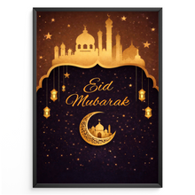 Laden Sie das Bild in den Galerie-Viewer, Eid Mubarak Poster – Edles Wandbild in Goldoptik mit Moschee, Mond & Laternen – Festliche Dekoration zum Zuckerfest