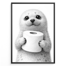 Laden Sie das Bild in den Galerie-Viewer, Lustiges Badezimmer Poster Robbe mit Klopapier Humorvolle Wanddeko für Toilette, Gäste-WC, Badezimmer Deko WC Humor Tiere witzige Robbe