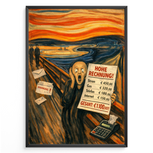 Laden Sie das Bild in den Galerie-Viewer, Der Schrei Parodie Poster – Lustige Wanddeko mit Rechnung & Geld Stress, Humorvolles Kunst Poster über hohe Kosten, Geschenk Idee für Büro & Wohnzimmer