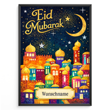 Laden Sie das Bild in den Galerie-Viewer, Personalisiertes Eid Mubarak Poster – Orientalisches Wandbild mit Mond & Sternen – Festliche Dekoration zum Zuckerfest