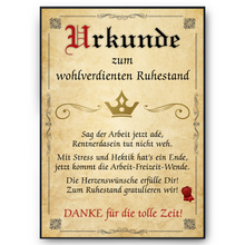 Laden Sie das Bild in den Galerie-Viewer, Ruhestand Urkunde Rente Abschiedsgeschenk Kollege Rentner Geschenk