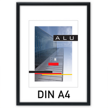 Laden Sie das Bild in den Galerie-Viewer, Schwarzer Aluminium Bilderrahmen DIN A4 (21×30cm) Alu-Rahmen mit Aufsteller Hochwertig & Zeitlos Foto Bilder Poster