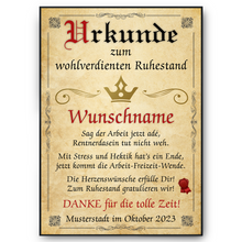 Laden Sie das Bild in den Galerie-Viewer, Ruhestand Urkunde personalisiert Rente persönliches Abschiedsgeschenk Kollegen personalisierte Geschenkidee zum Ruhestand