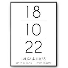 Laden Sie das Bild in den Galerie-Viewer, Partner Poster Personalisiert Koordinaten Datum Namen Jahrestag Hochzeit Geschenk
