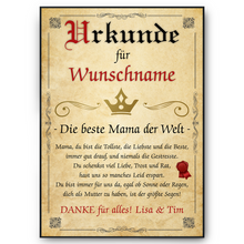 Laden Sie das Bild in den Galerie-Viewer, Beste Mama Urkunde personalisiert Mutter persönliches Geschenk personalisierte Geschenkidee Mama Geburtstag Karte