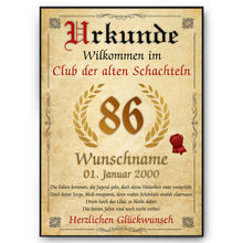 Laden Sie das Bild in den Galerie-Viewer, 86. Geburtstag Urkunde personalisiert ALTE SCHACHTEL Geschenk Frau Geburtstagskarte Deko Bild